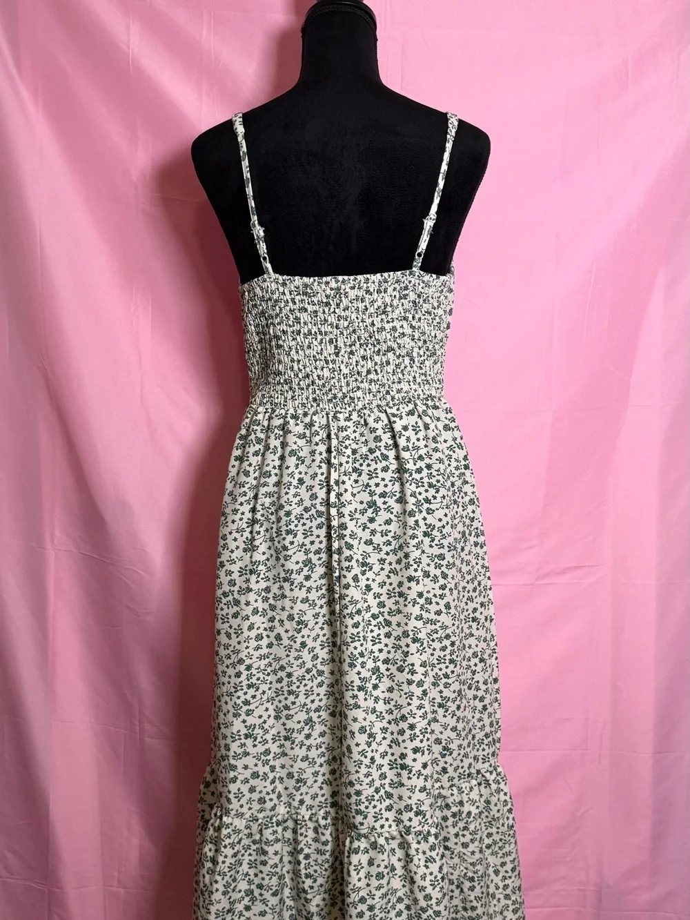 Blush Cream Maxi Dress with Green Floral Print and Tie Front